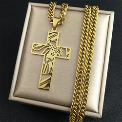 Punk Crown of Thorns Jesus Cross Pendant Necklace Stainless Steel Gold Color Crucifix Male Chain Jewelry corrente masculina 8052