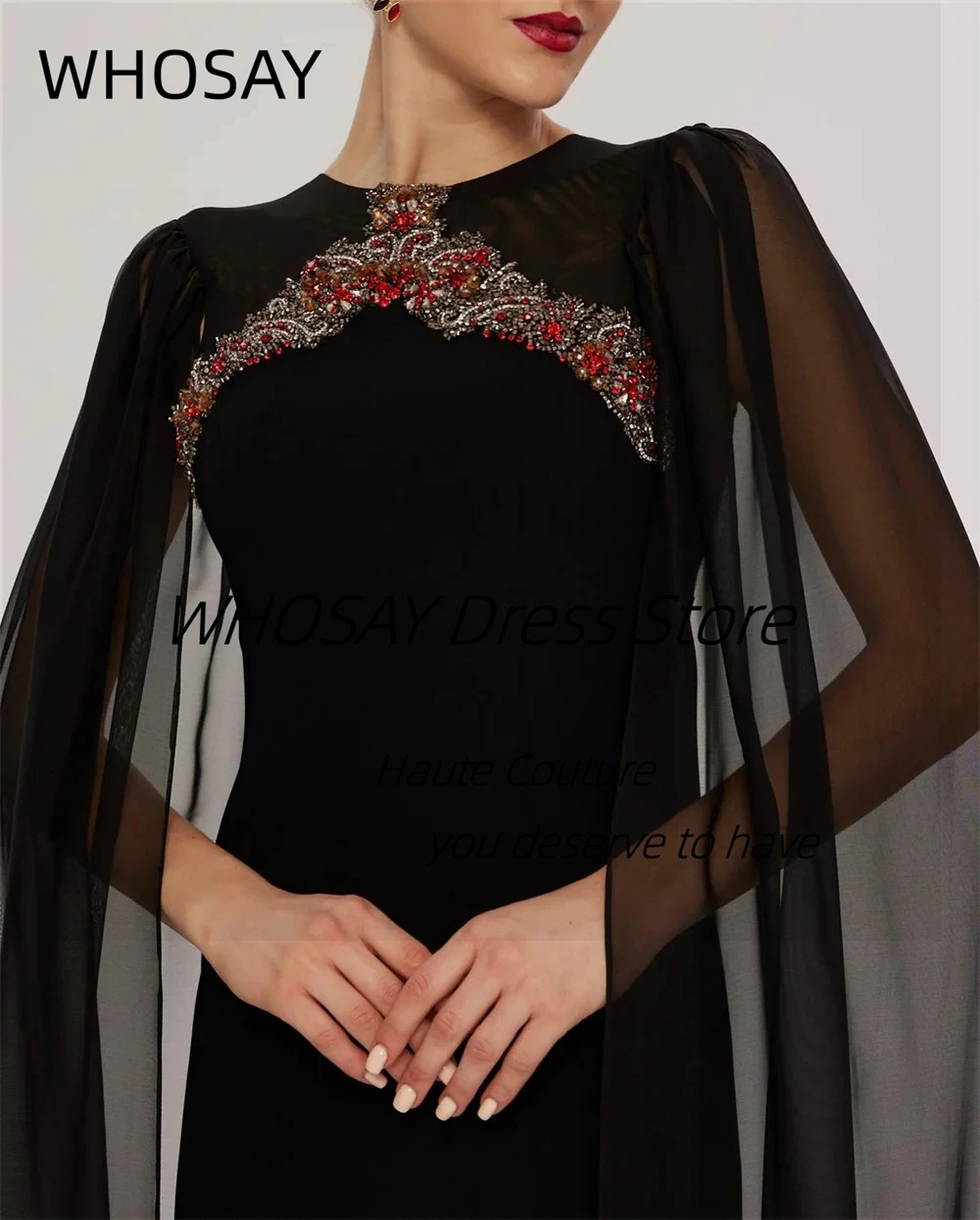 Whosay preto vestidos de baile o-pescoço frisado personalizado vestido de festa à noite com mangas esvoaçantes robe de soiree