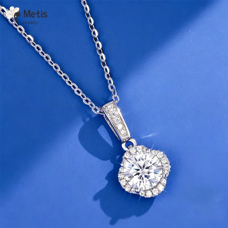 1-2ct Round Moissanite Solitaire Pendant Necklace 925 Silver D/VVS1 8H8A Chain 40cm+5cm Extension GRA Certified Everyday Jewelry