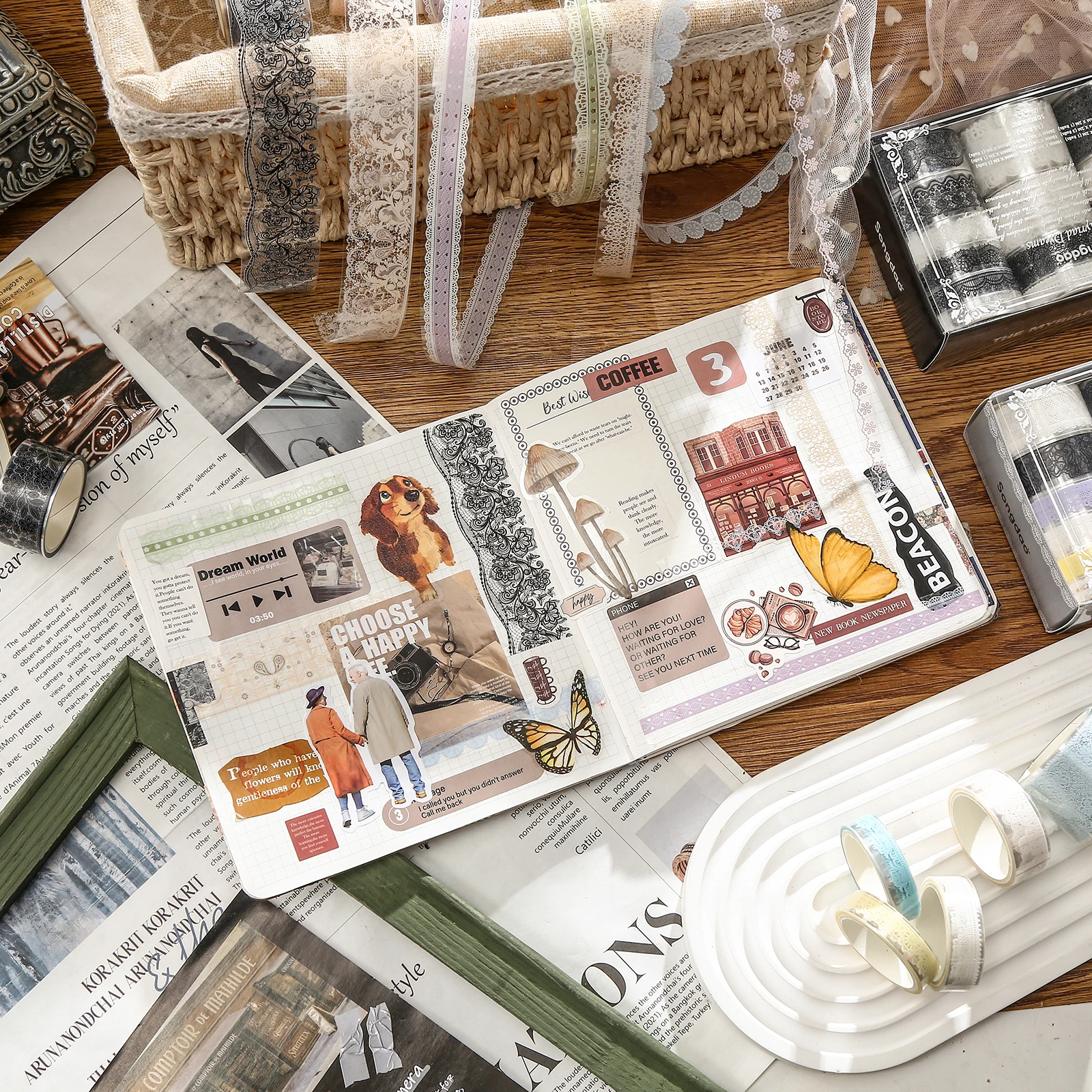 Garniture en dentelle ajourée, 15 rouleaux/ensemble, ruban adhésif imperméable en matériau PET pour manuels de bricolage, emballage cadeau, décoration exquise