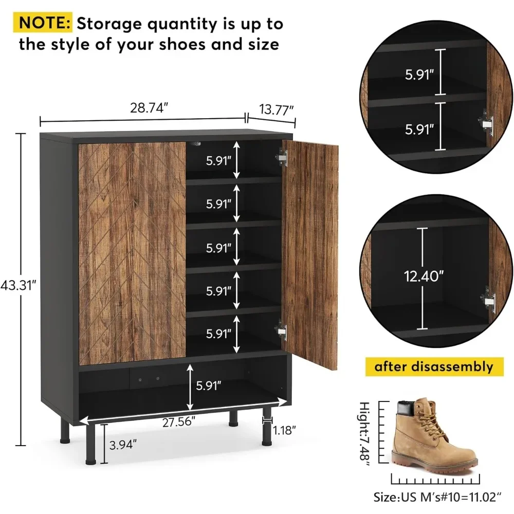 Shoe Cabinet, 18 Pair Rack Organizer Cabinet with Door, 6-Tier Modern Storage Shelves for Entryway Hallway Closet