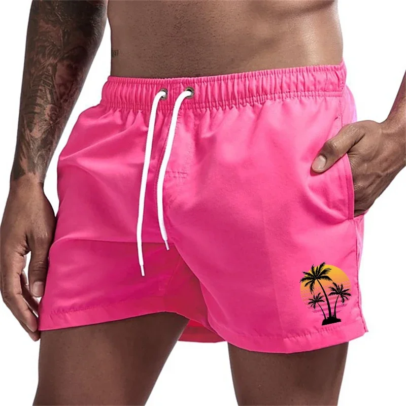 

Pantalones cortos de playa con estampado de árbol de coco y puesta de sol para hombre, pantalones cortos de verano de secado