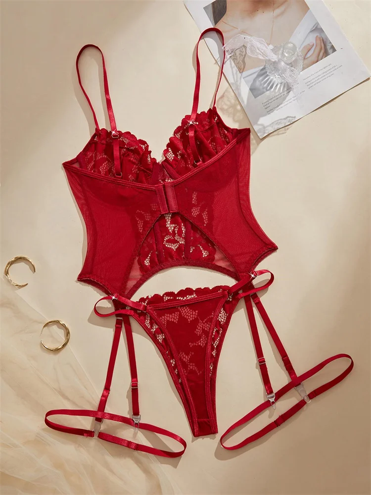 Sexy Lingerie Ultra Thin Lace Underwear Women Steel Rings Bra and Panties Set 3 Pieces Hot Erotic Lingerie Transparent Underwear