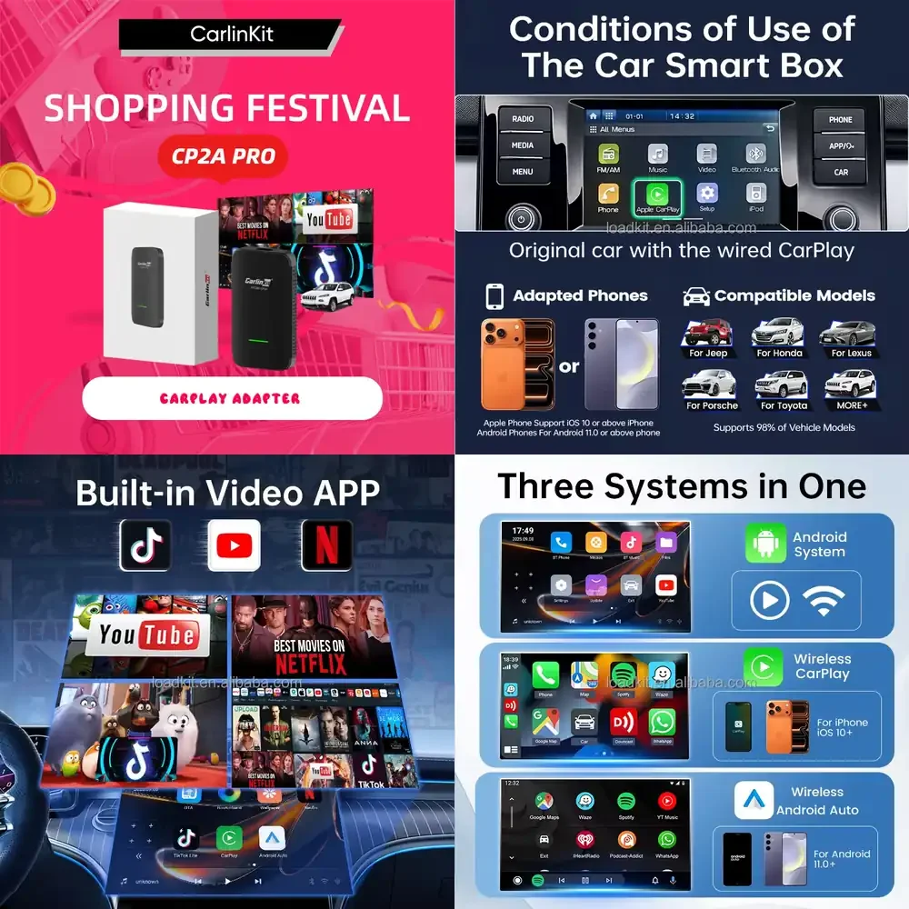 

CarlinKit CP2A Pro Wireless CarPlay and Android Auto Adapter with Built-in Video Support for YouTube