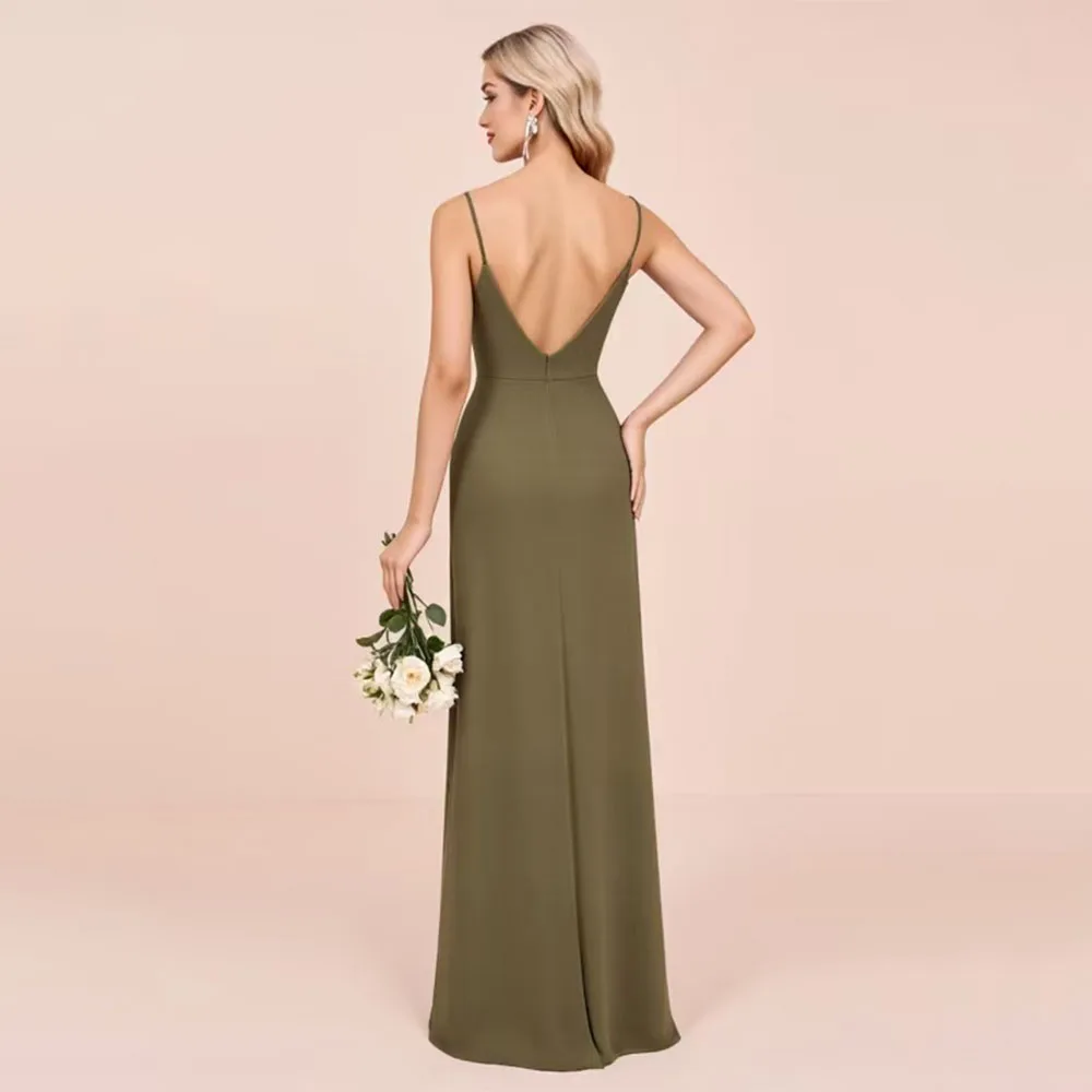 Alta qualità personalizzata scollo a V senza schienale lunghezza del pavimento bretelle sottili senza maniche antirughe verde abiti da festa di nozze cerniera donna