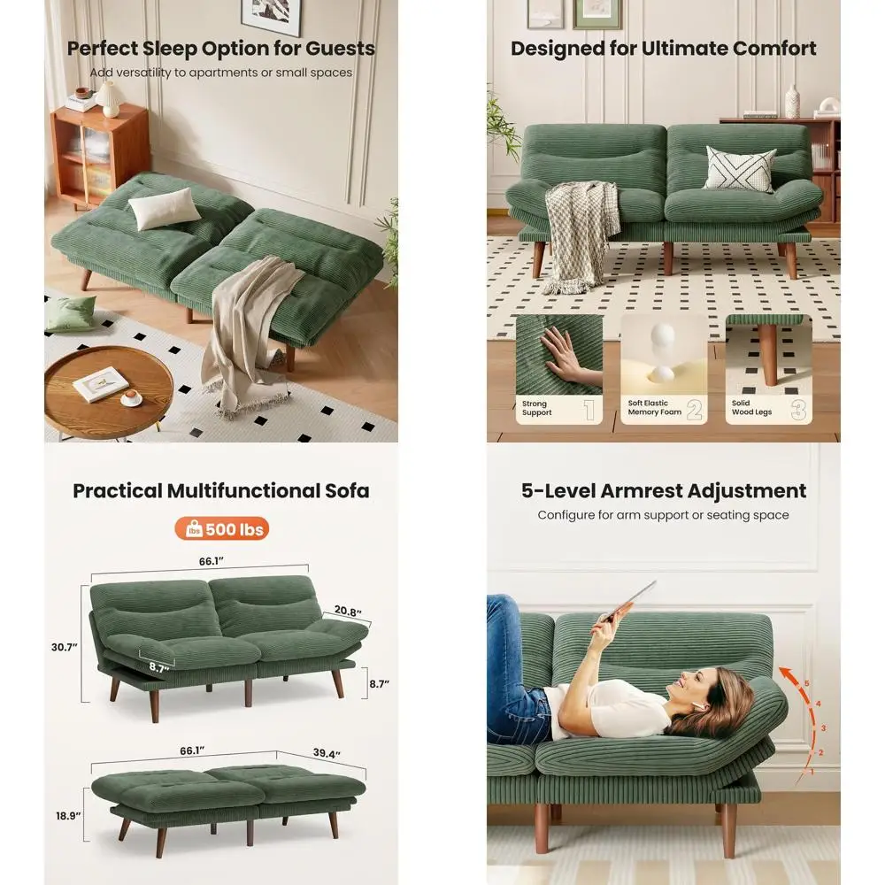

3-in-1 Adjustable Sofa Bed with Removable Cushion, Convertible Sleeper Recliner, Living Room/Office (66, Green) | Corduroy