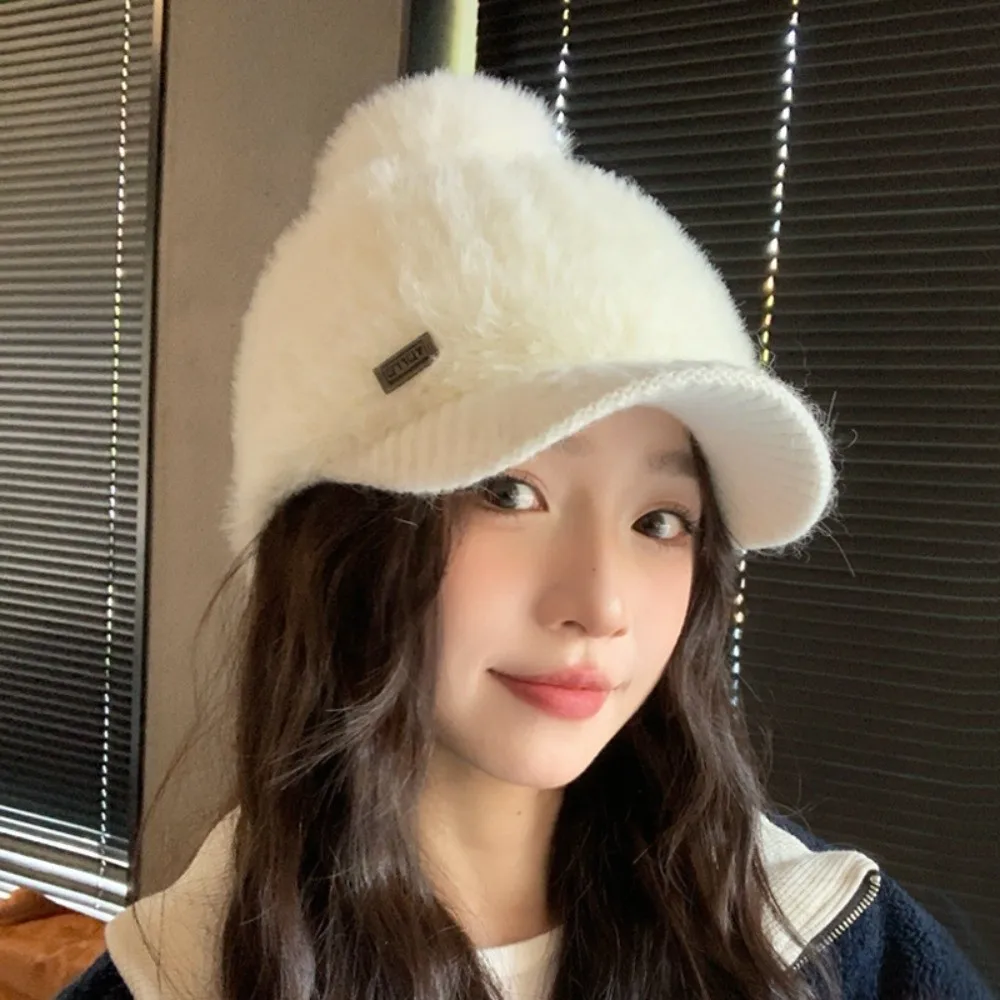 Warm Polyester Rabbit Fur Texture Hat 54cm To 60cm Head Circumference Solid Color Knitted Hat Pom Pom Ear Flap Hat Girls