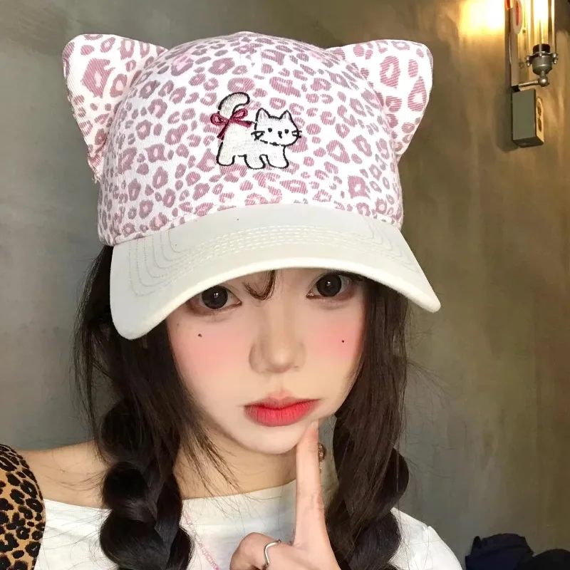 

Симпатичные бейсболки с вышивкой в виде мультяшного кота и леопардовым принтом, женские, весенне-летние, для путешествий, солнцезащитные, универсальные, забавные, в стиле хип-хоп