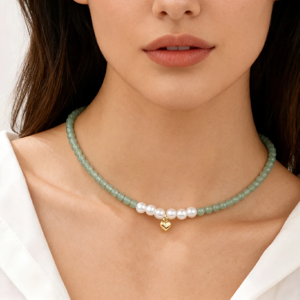 Collier de perles d'aventurine verte de 4mm, couleur or, colliers à breloques en forme de cœur pour femmes, bijoux de cou d'amitié, ras de cou de vacances