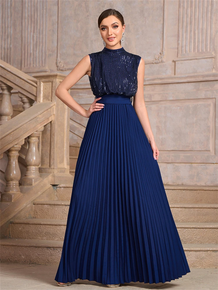 

Women's Sequin Pleated Mother Of The Bride Dresses Elegant Sleeveless Formal Evening Gown Party Prom Wedding Floor Length Dress