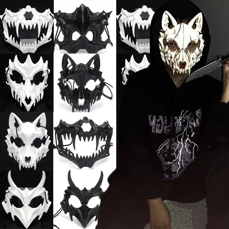 Halloween półmaski kobiety mężczyźni Anime lis bóg smoka czaszka szkielet maski Horror karnawałowe przyjęcie przebranie na karnawał rekwizyty