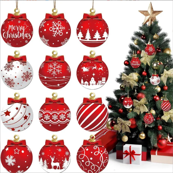 12Pcs Christmas Wooden Ornament Hanging Decorations Christmas Ball Candy Lollipop Wooden Tree Ornaments for Holiday Party Home