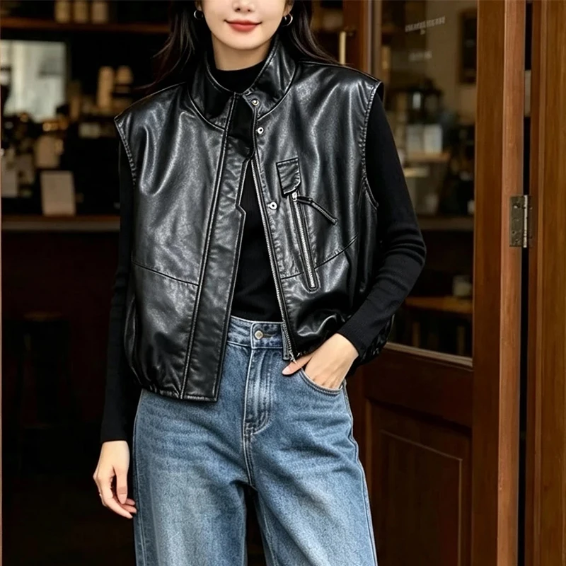 Women Autumn Casual Genuine Leather Loose Vest Jacket Lady's Black Real Leather Sleeveless Oversize Waistcoat Overcoat