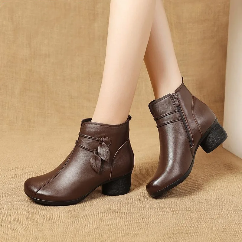 

Autumn Winter New Women Shoes Thick Heel Ankle Boots Women Warm Boots Handmade Genuine Leather Flowers Zipper Retro Boots