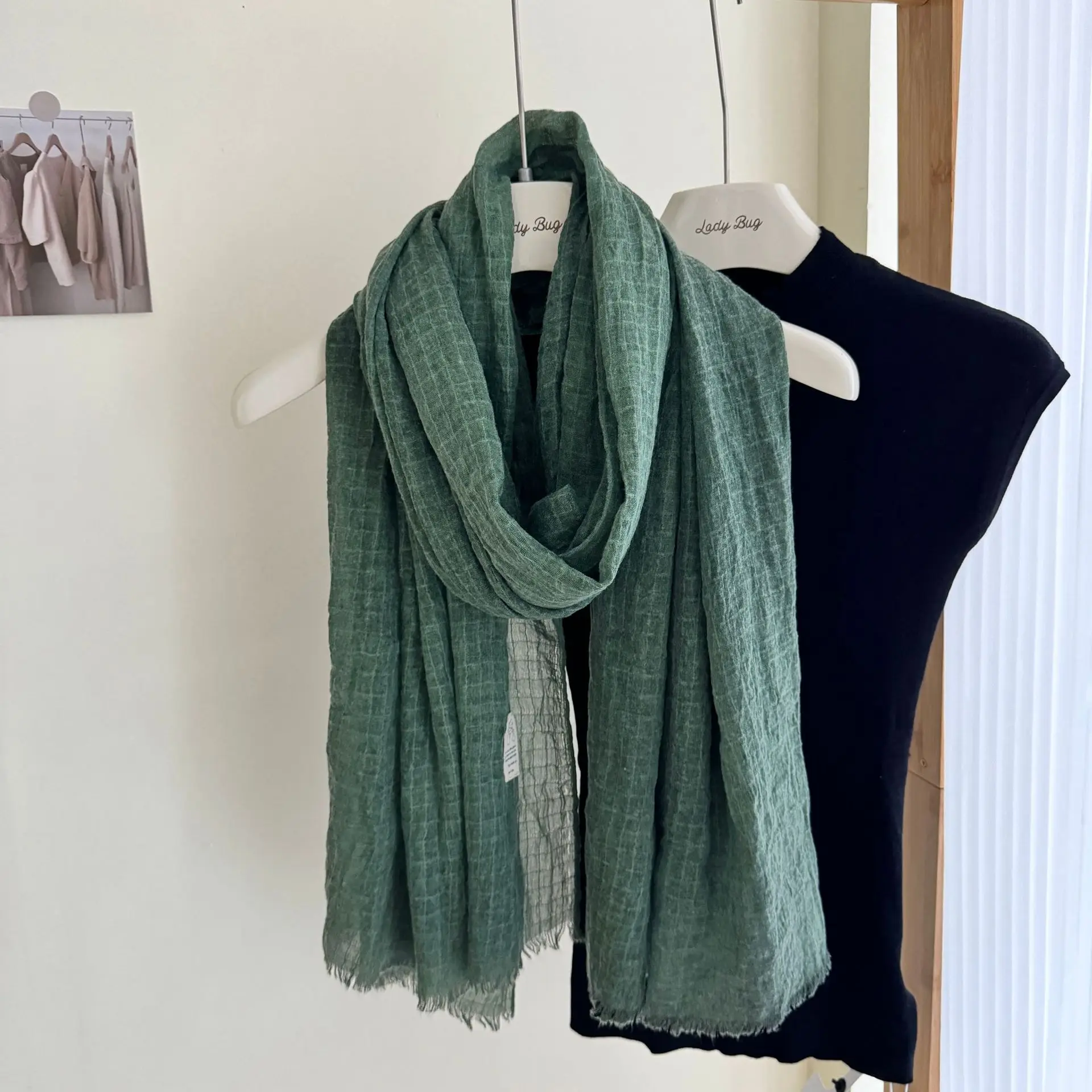 Cotton Linen Scarf Pleated Waffle Texture Women's Spring and Autumn Thin Solid Color Cotton Yarn Shawl Dual-purpose Long Winter