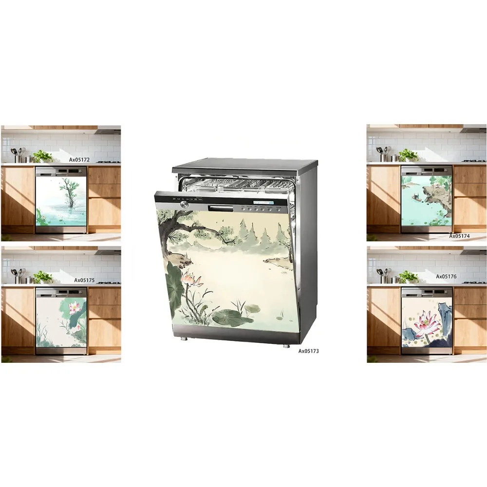 Chinese Ink Wash Lotus Mandarin Duck Dishwasher Door Wrap Sticker Traditional Oriental Water Lily Bridge Kitchen Furniture Decor