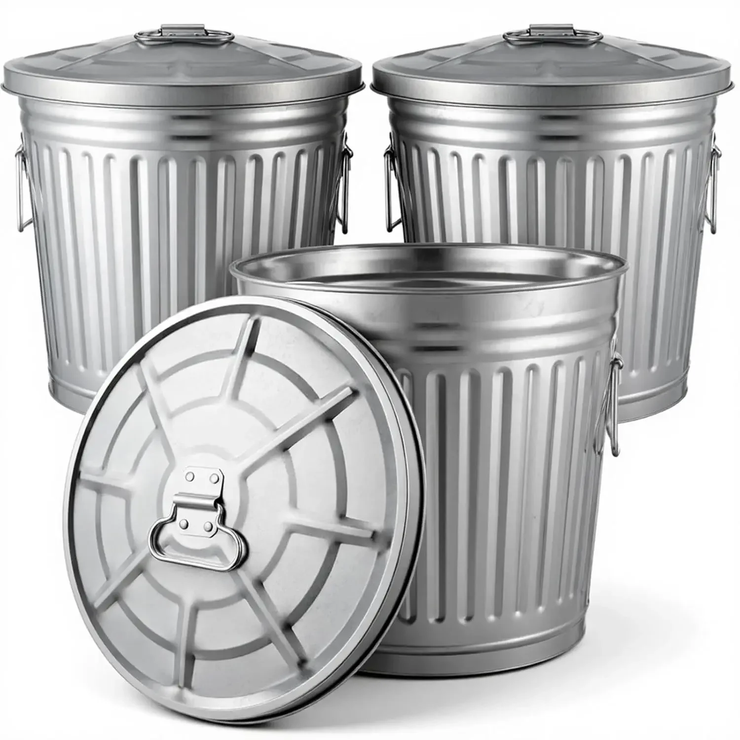 3 Pack 9.2 Gallon Galvanized Trash Can with Lid, Equipped with Two Handles for Carrying, Small Metal Trash Can with Lid for Back