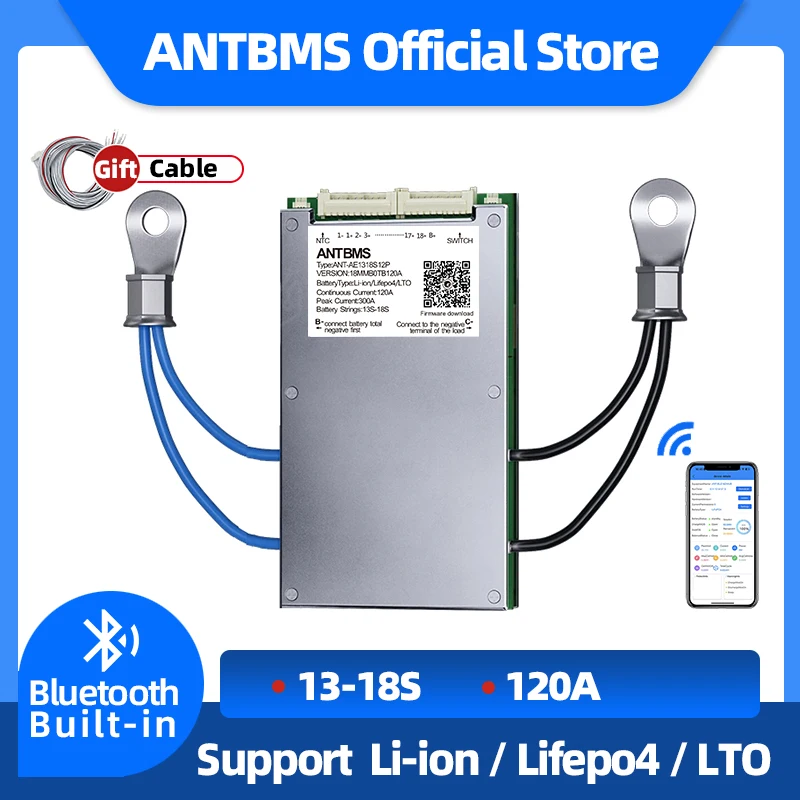 

ant smart bms 13S 14S 15S 16S 17S 18S Li-ion LiFePo4 LTO 18650 Battery Ebike 120A 300A 48V 60V 72V Bluetooth Built-in Balance