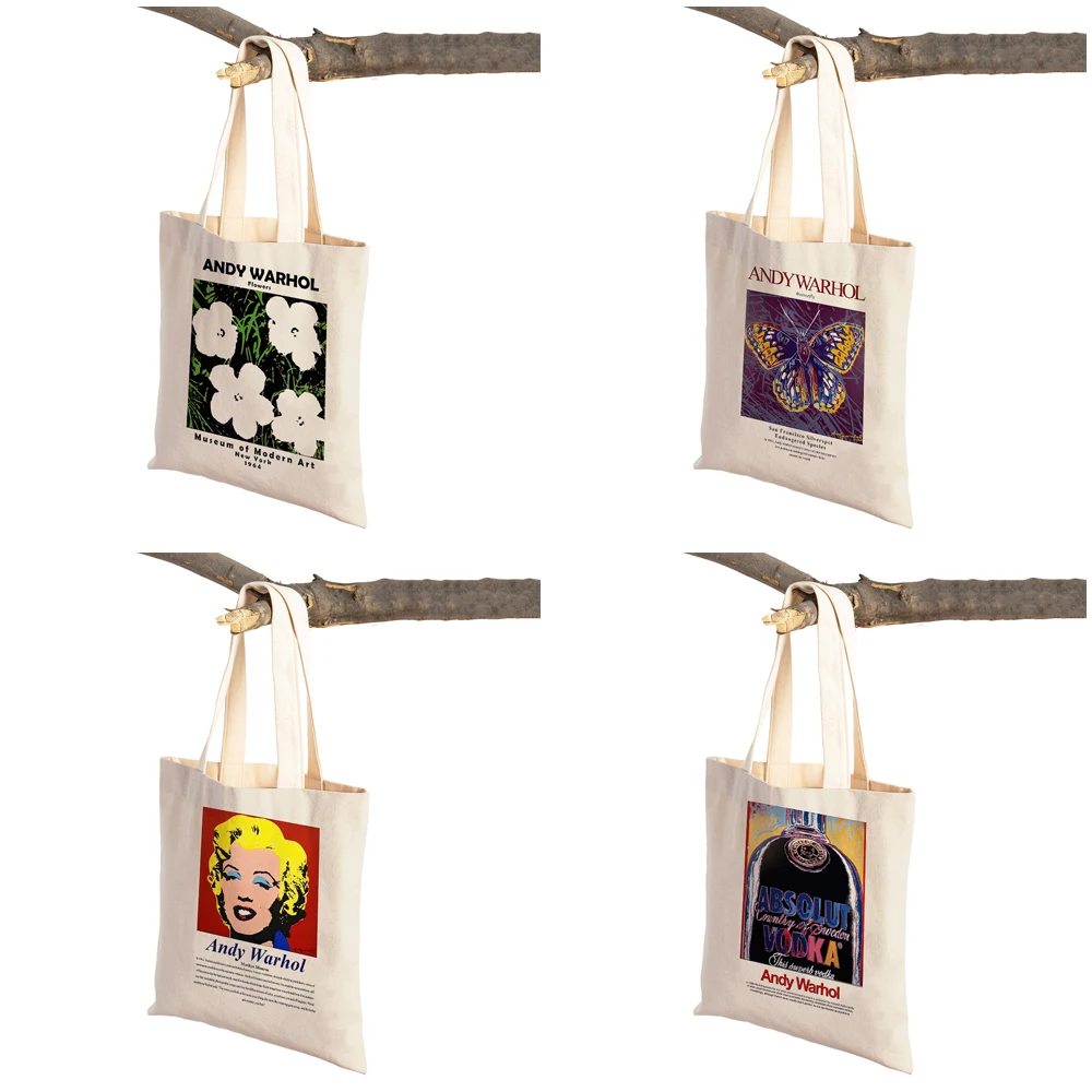 Vintage Art Andy Warhol Shoulder Shopper Bag Abstract Women Shopping Bags Double Print Casual Lady Canvas Tote Flowers Handbags