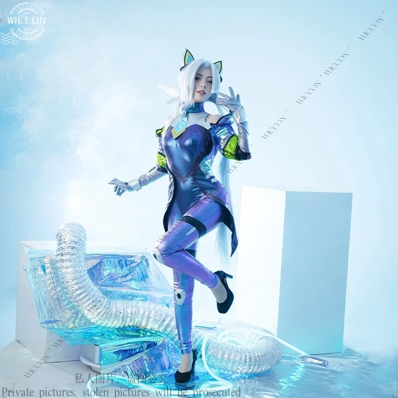 Jinx-Combinaison Cosplay de Chat Fantôme pour Femme, Perruque Longue de 110cm, Vêtements de Sauna, Oreille de Chat, Jeu LOL, Roleplay Rick Skin