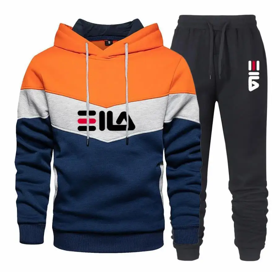 

New men's autumn and winter color blocked hooded sweatshirt and pants 2-piece casual sportswear men's brand running and jogging