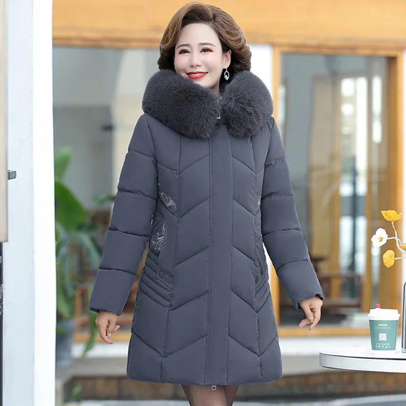 Hooded Fur Collar Down Cotton Jacket Women Winter Clothing New Middle-Aged Mother Mid-Long Thicken Coat Warm Female Parkas 6XL