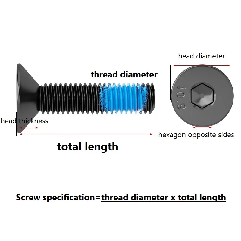 M2 M2.5 M3 M4 M5 M6 M8 Grade 10.9 Carbon Steel Hexagon Socket Flat Countersunk Head Screw Blue Dispensing Bolts Length 4~50mm