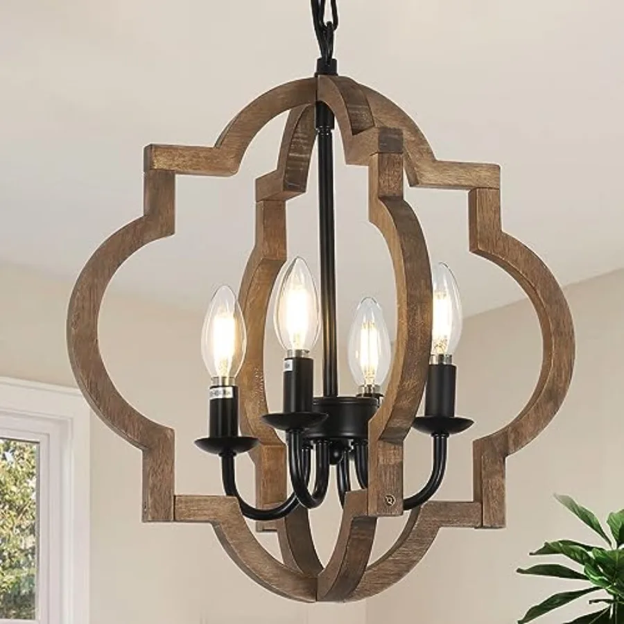 

Farmhouse Chandelier Light Fixtures, 4-Light Dining Room Light Fixtures Over Table, Solid Wood Chandeliers for Dining Room, 15.