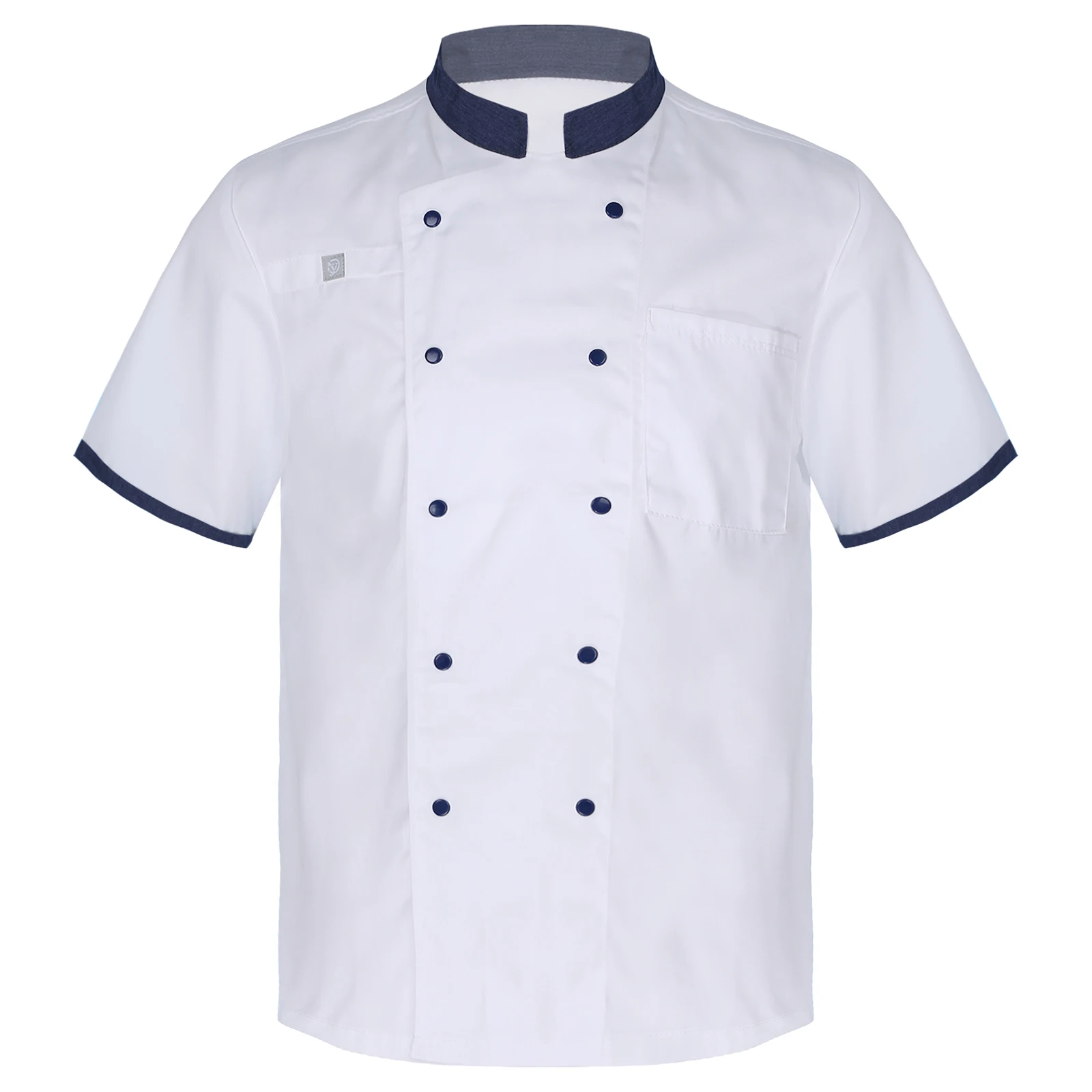 Mens Womens Contrast Color Chef Jacket Coat Short Sleeve Stand Collar Kitchen Cooking Uniform for Canteen Restaurant Hotel