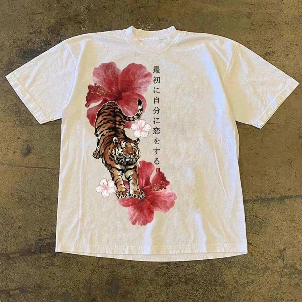 Y2K Retro Japanese Tiger Hibiscus Cherry Blossom Graphic T-Shirt