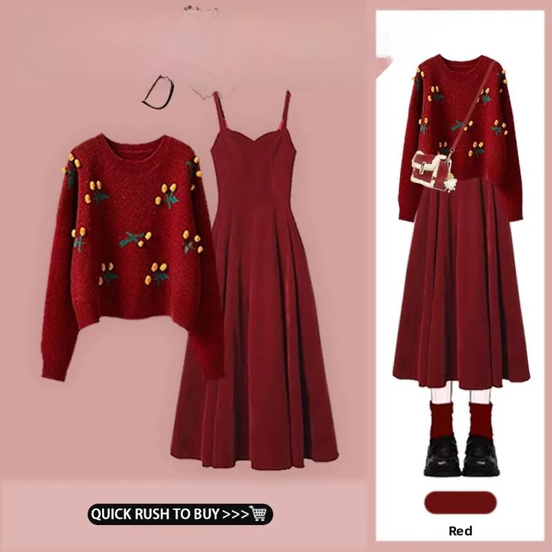 

Elegant Cherry Short Knitted Sweater And Slimming Strap Dress Two-Piece Set Autumn 2026 Fashion Women's Long Sleeve Crew Neck
