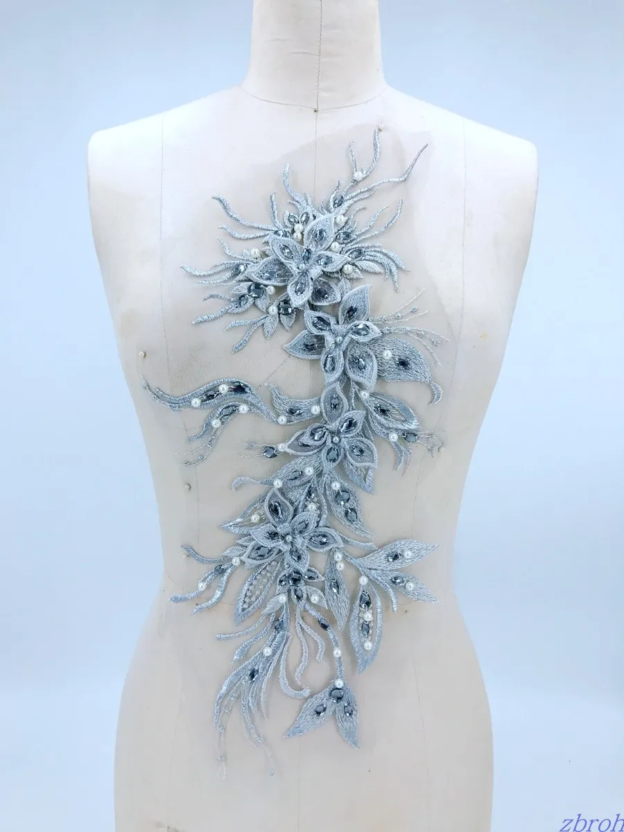 

3D Floral Grey Appliqued Shiny Beading Diamond Apparel Decoration Evening Dress Fabric Luxury Rhinestone Material