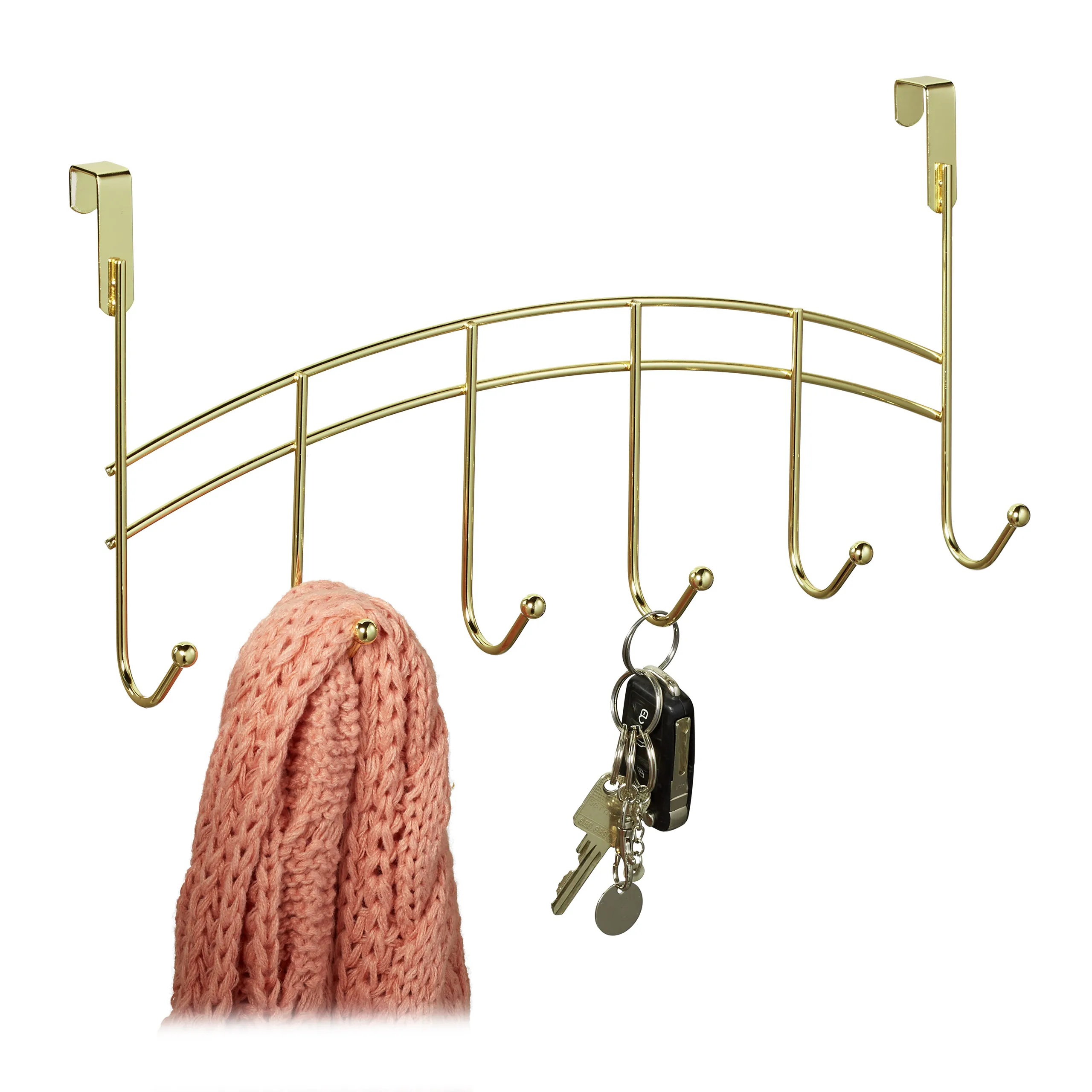 Appendiabiti da appendere alla porta, senza bisogno di forare, ideale per corridoio, camera da letto e bagno, 6 ganci, in ferro, 20x40x9 cm, colore oro, barra appendiabiti da porta, Relaxdays.