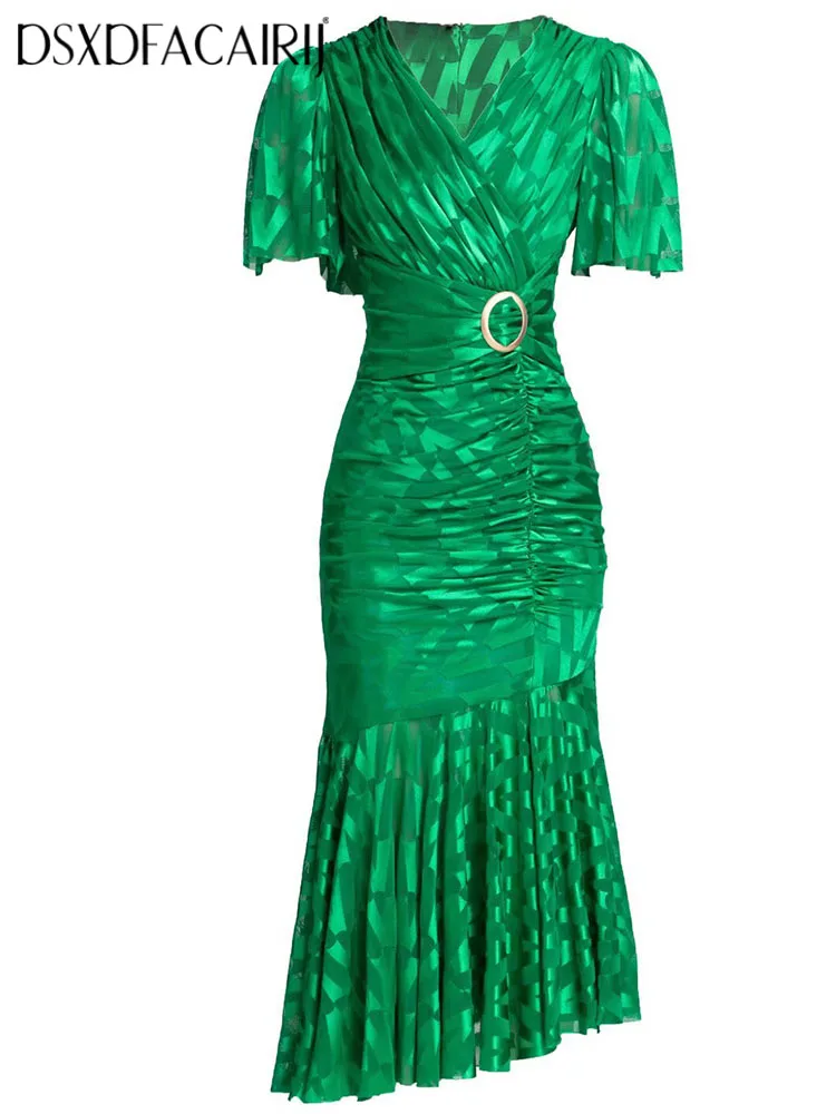 

DSXDFACAIRIJ Women's Geometric Folded Mermaid Dress V-neck Short Sleeve Elegant Party Gown Summer Fashion for Females