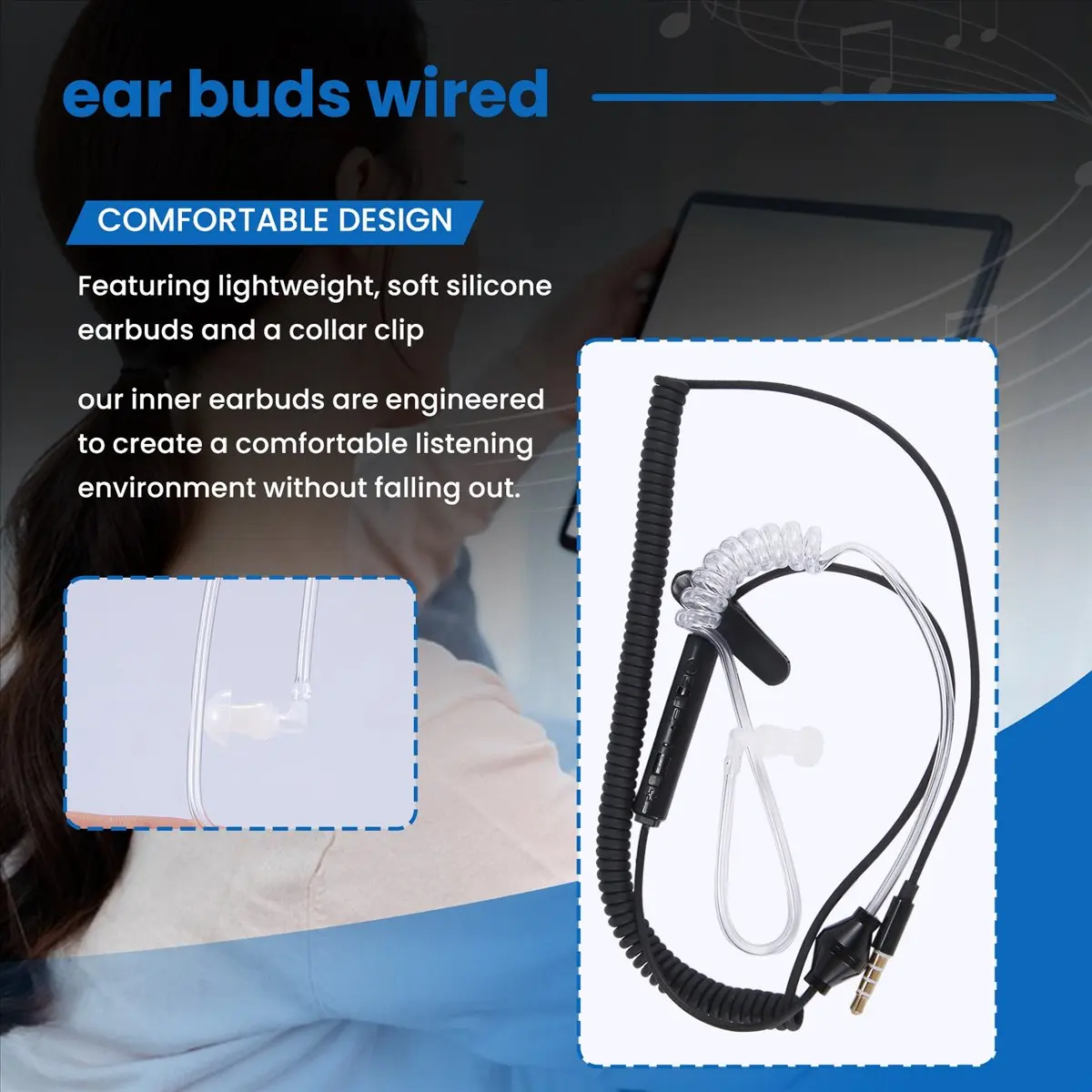 Essential Single Side Earphone In-Ear Stereo Mono Earbud Headphones Noise Isolating Earbuds with Mic Spring Coil Reinforced Cord