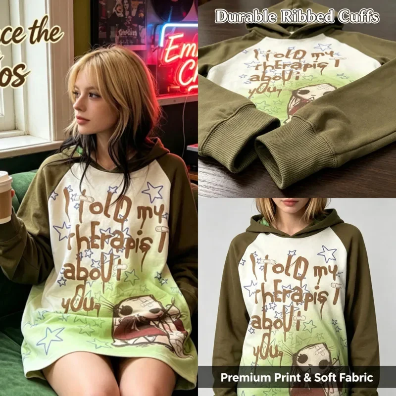 Punk Y2K T-Shirt Letter Subculture Loose Sweatshirt Cartoon Graffiti Raglan Long Sleeve Unisex Top Matching Blouse Outfit Gift
