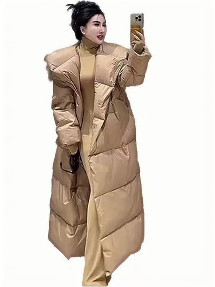 Inverno trabalho senhora do escritório estilo longo casaco grosso quente cintura larga pato para baixo jaqueta blusão com capuz casaco feminino outwear