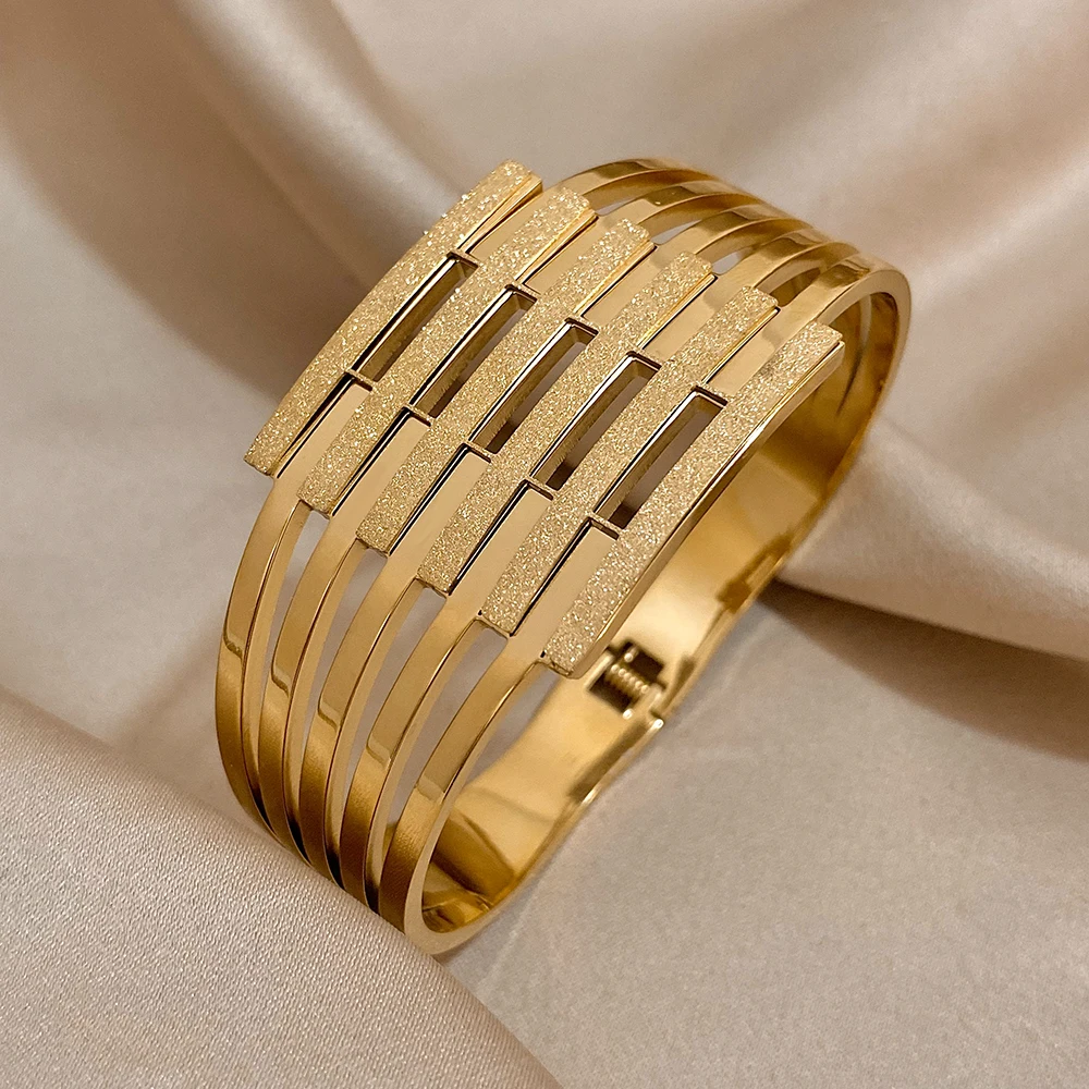 Greatera Stainless Steel Chunky Geometric Wide Bangles Bracelets for Women Gold Plated Metal Bracelet Waterproof Jewelry 2023