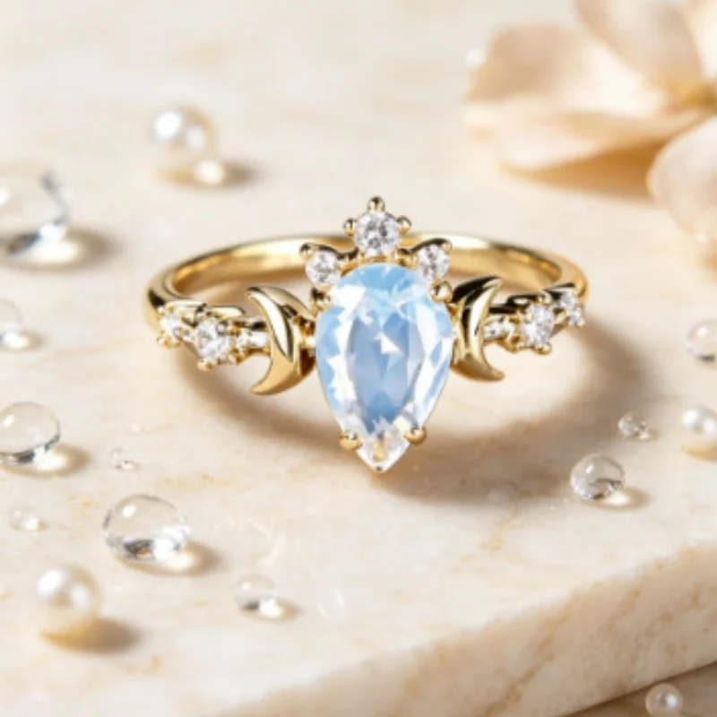 2026 New Dreamy Star Moon Water Drop Albumin Gold Ring for Female Niche Immortal Charm Crescent Personalized Accessory
