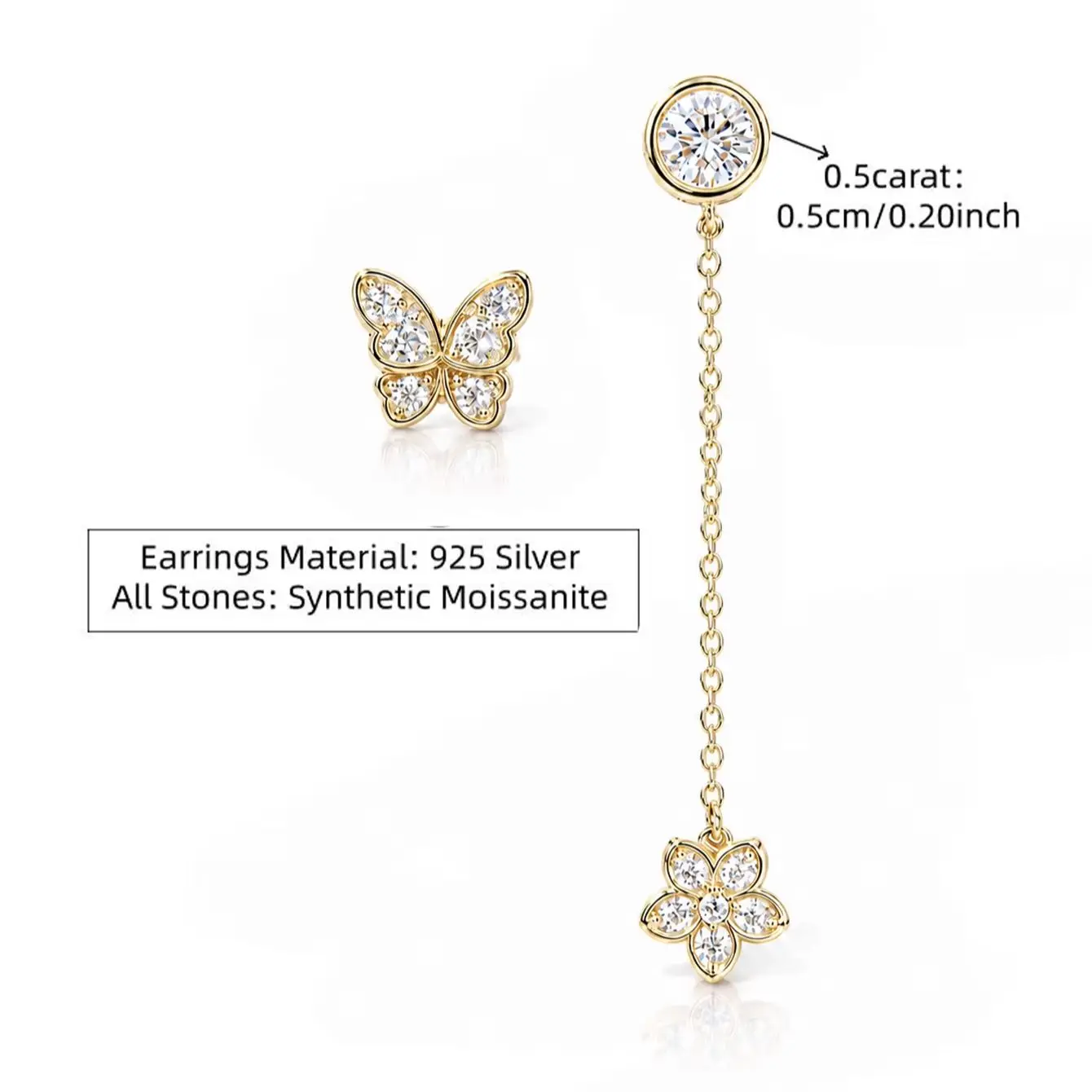 Asymmetrische Schmetterlings-Ohrringe für Damen – 925er Sterlingsilber mit 0,5 Karat Moissanit – Detail 6