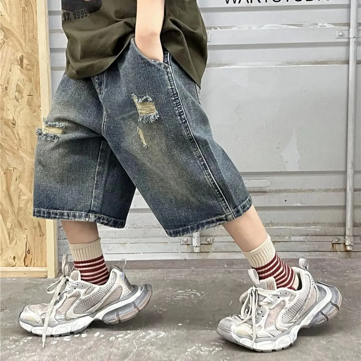 summer children's denim shorts retro distressed pants boys baby fashionable jeans