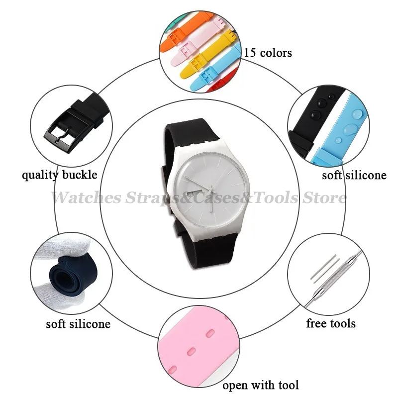 16mm 17mm 19mm 20mm Soft Silicone Bracelet for Swatch Colorful Watchband Watch Strap Replacement Watches Accessories With Tools
