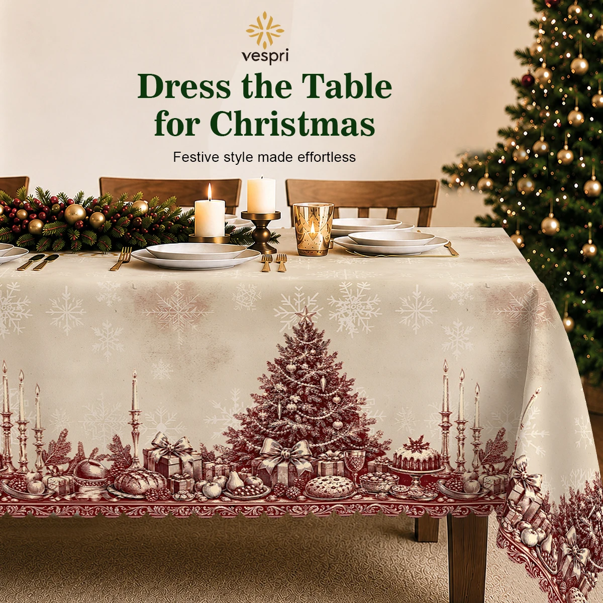 Nativity Tablecloth with Nativity, Trees & Snowmen for Indoor/Outdoor Camping decor, Rectangular/Round/Oval