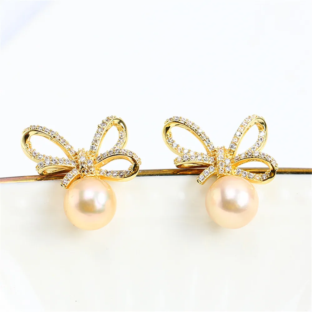 

S925 Silver Needle Domestically Made 14k Gold Wrapped Bow Knot Pearl Zircon DIY Empty Earrings for Women with Temperament