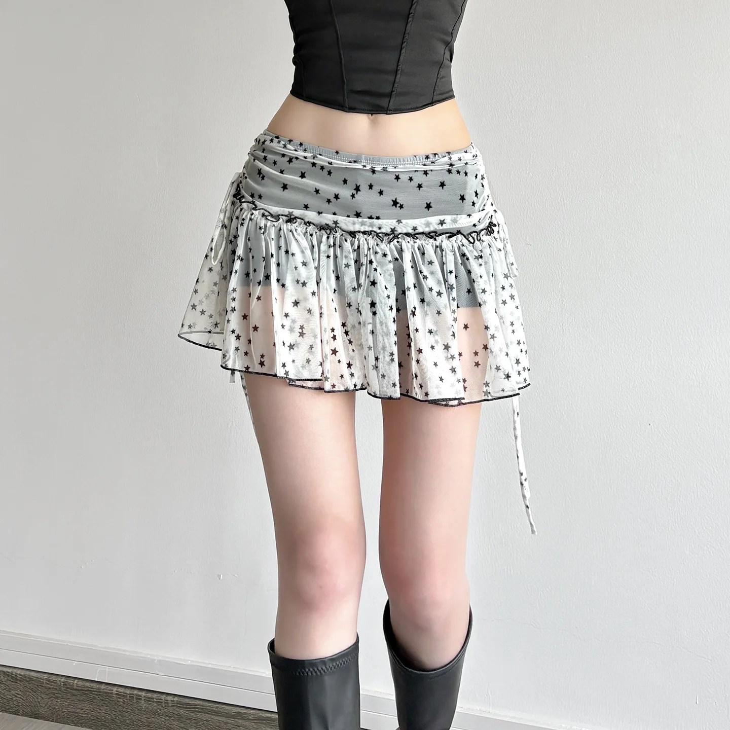 

2026 New Star Print Mesh Pleated A Line Skirt Sheer Low Waist Mini Skirt for Women