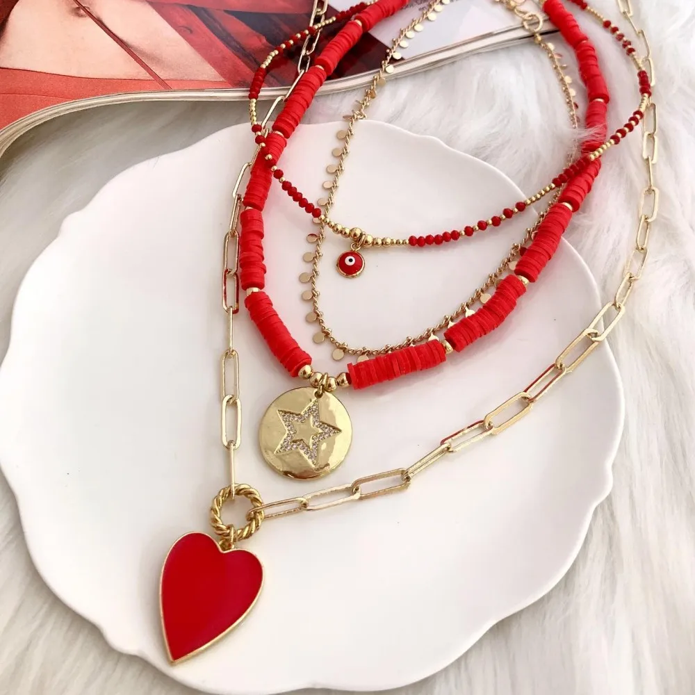 KKBEAD Zircon Star Red Heart Pendant Necklace Choker for Women Gift Jewelry Polymer Clay Disc Beads Evil Eye Necklaces Jewellery