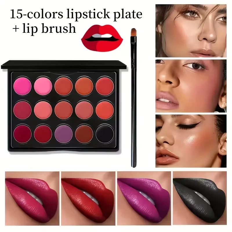 VERONNI 15 Colors Matte Lip Gloss Palette with Lip Brush Waterproof Long Lasting Velvet Lip Cream Palette Red Pink Purple Pigmented Lip Makeup Kit for Daily Party Cosplay