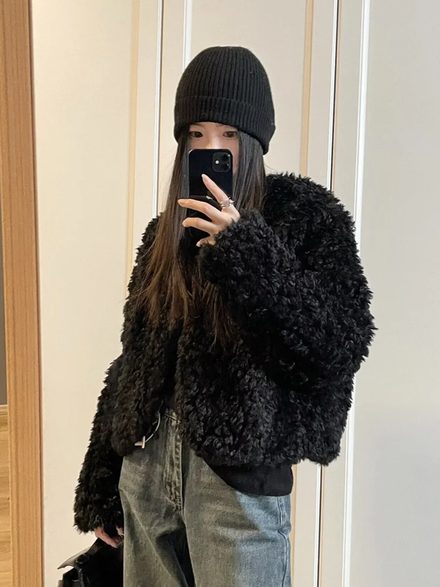 

Bla Fur Collar Thiened Winter Coat Casual Sle ort Length Commute Faion Eco-friendly Leather Lamb Fur Top for Women