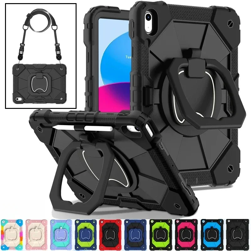 For IPad 9.7 7th 8th 9th 10.2 10th 10.9 11th A16 12th Gen 11 inch A19 Heavy Duty Rugged Tablet Case Pull Ring Stand Strap Funda