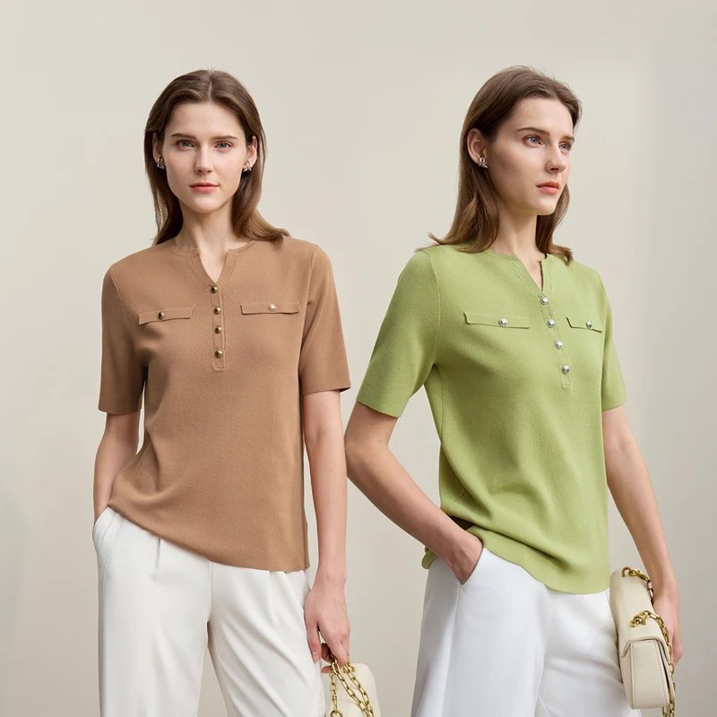 Women's Half-Placket Knit Sweater - Short Sleeve Pullover Top